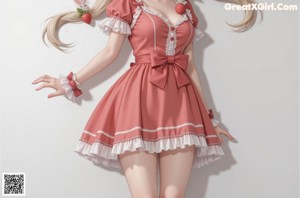 A woman in a red and white dress posing for a picture.