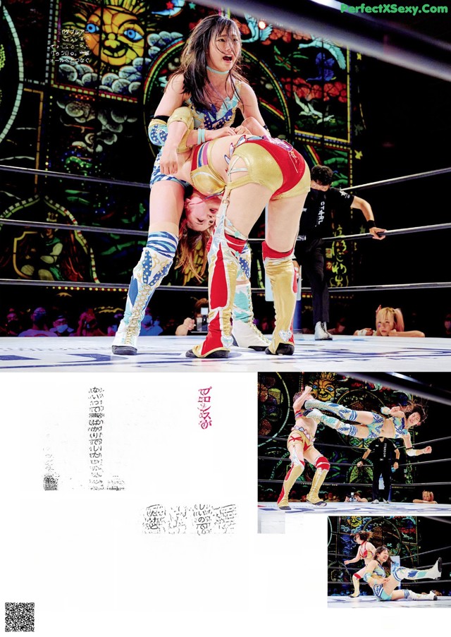A couple of women wrestling in a wrestling ring.