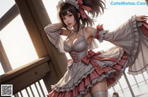 A woman in a maid outfit sitting on a chair.