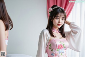 a woman in a pink lingerie posing on a bed