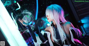 A woman with long white hair holding a blue light saber.