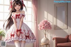a woman in a red and white dress posing for a picture